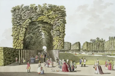 A bécsi Ausgarten kertjének egy része a „Pleasure Gardens in and around Bécsben” című könyvből, 1790 körül megjelent
